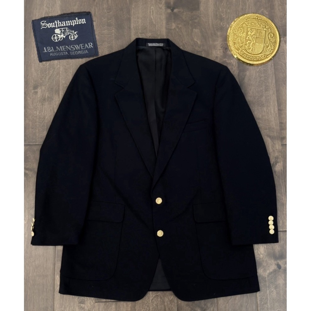 Southampton Mens Navy Blue Wool Gold Button Suit Jacket Blazer Size 44L USA Made